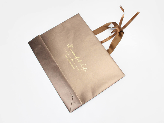 Bolsas de papel iridiscentes doradas brillantes Serigrafía Bolsas de regalo de papel marrón